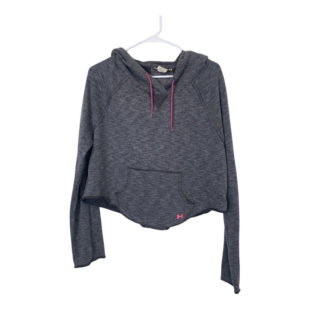 Under Armour Women Crop Hoodie Sweatshirt Heather Gray Pink Drawstring LG